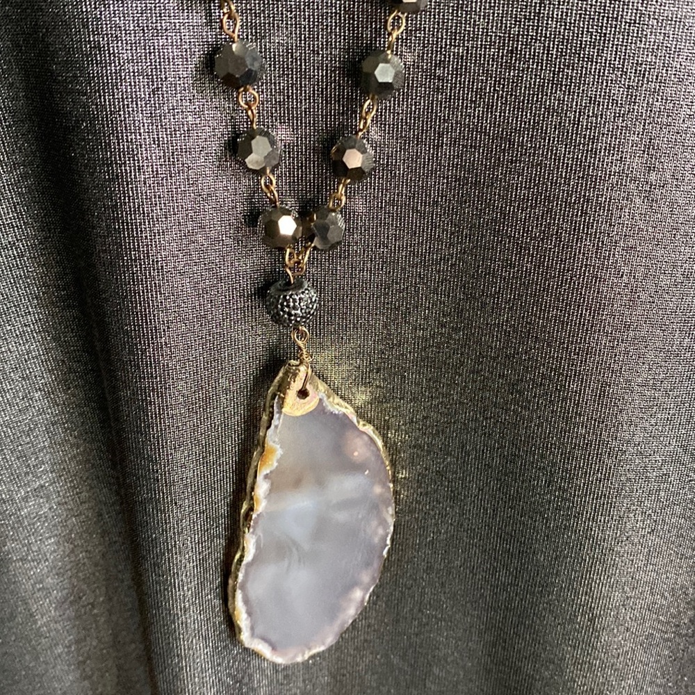 New Sliced Purple Agate Hematite Glass Bead Gold Tone Link Necklace